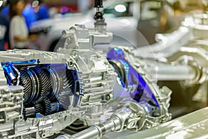 Close up inside gearbox and cogs chamber a fragment of modern car engine