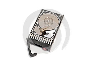 Close up inside of hot plug SAS computer disk drive HDD in tray isolated