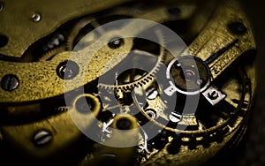 Close up inside mechanical vintage watch. Handmade engraving. Concept eternity, teamwork. Soft focus. Free space for text. Macro.