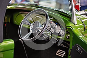 Close Up Of Interior Of Green Classic Car