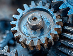 Close-up of interlocking gears, blue-toned metal
