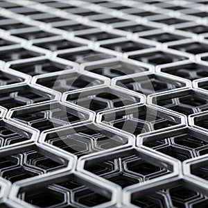 Close-up of an interlocking hexagonal metal grid. The structure features a repeating,