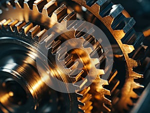 Close-up of interlocking metallic gears highlighting precision engineering