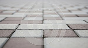 Close-up of interlocking rectangular paving stones in a repeating pattern pavers pavement