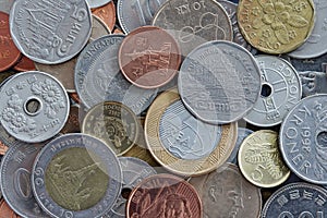 Close up of international coins