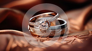 Close-up of intertwined wedding rings resting on a bed of soft silk, symbolizing eternal love couple. The atmosphere is one