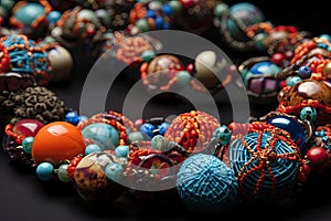 close-up of intricate beaded necklace, with beads and wirework in full view