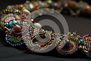 close-up of intricate beaded necklace, with beads and wirework in full view