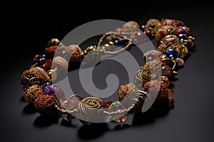 close-up of intricate beaded necklace, with beads and wirework in full view