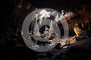 close-up of intricate cave and spelunking formations, with flashlight shining on the walls