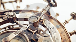 Close-up of the intricate details on a vintage sextant, a navigational instrument