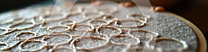 Close-up of intricate embroidery with circular patterns on fabric photo