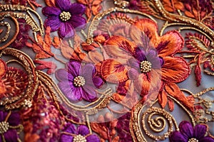 close up of intricate embroidery on sari fabric