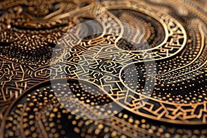 Close up of a intricate gold and black design featuring scatter plots and patterns, Blend scatter plots with intricate patterns to photo