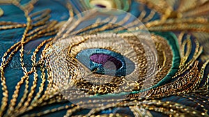 Close-up of intricate golden peacock feather embroidery with shimmering details