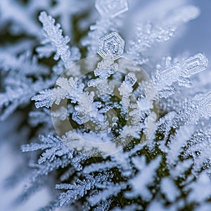 Close up of intricate ice crystals forming on a surface possibly a leaf