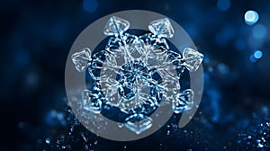 A close-up of an intricate snowflake displaying its unique crystalline structure against a blue background. Generated AI