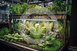 close-up of the intricate system of aquaponics, showing fish and plant life