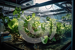 close-up of the intricate system of aquaponics, showing fish and plant life