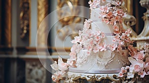 Close-up intricately decorated wedding cake photo