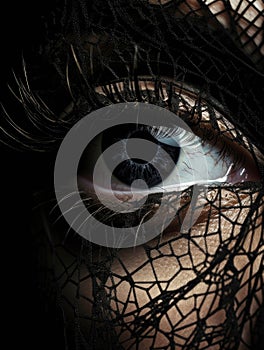 A close up of an intricately designed eye peers suiously through a black veil.. AI generation