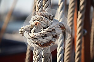 Close-up of intricately tied rope knot on a sailboat
