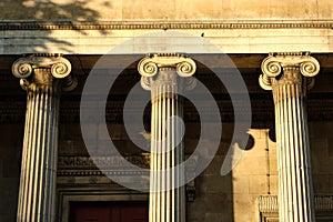 Close-up of the ionic order architectural columns at the St Pancras New Church, Euston Road in London.