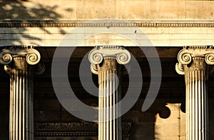 Close-up of the ionic order architectural columns at the St Pancras New Church, Euston Road in London.