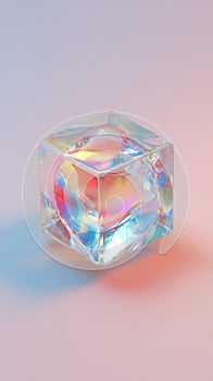 Iridescent cube reflecting light on a soft background