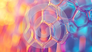 Close-up of iridescent soap bubbles with hexagonal structure