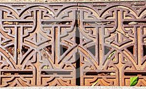 Close-up iron grate drainage system for draining rainwater in Slovakia