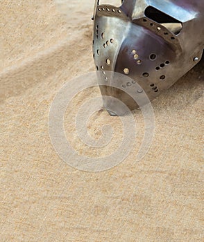 Close-up iron helmet with visor protection of middle ages warrior