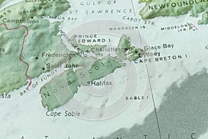 Close-up of an island map, featuring Cape Sabine, Lake Ferguson, cliffs, rugged terrain, flat land, Sinclair Bay photo