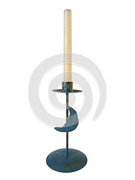 Close up of isolated candlestick with candle. Old blue brass candle holder on white background. Decoration and lighting object for