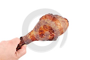 Close up and isolated image of hand holding a grilled chicken leg on white background.