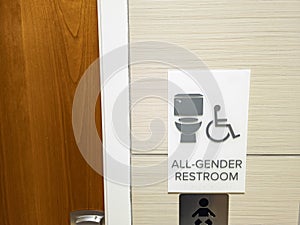 Close up isolated image showing all gender restroom sign at the entrance of a public toilet