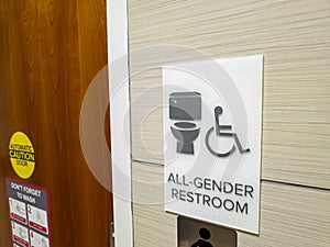 Close up isolated image showing all gender restroom sign at the entrance of a public toilet