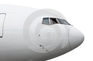 Close up isolated large passenger airplane nose.