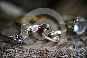 Close up of isolated old vintage golden ring with diamond and red ruby gemstone on natural tree trunk bark background