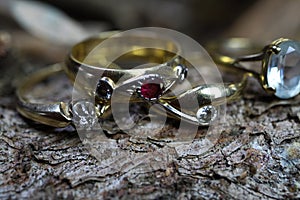Close up of isolated old vintage golden ring with diamond and red ruby gemstone on natural tree trunk bark background