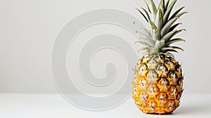 In this close-up of an isolated pineapple with ripe fruit, the fruit is yellow, and the background is white