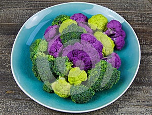 Close up of isolated purple, green, yellow colored raw cauliflowers and broccoli on blue china plate to make children hungry for