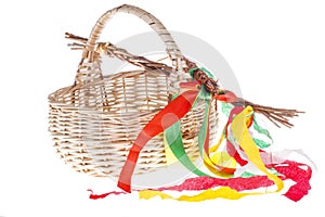 Close-up of isolated strawy basket on white background with Easter eggs