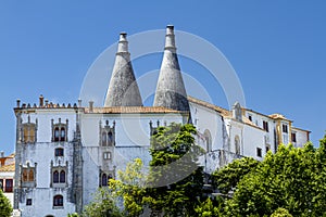 Close up isolated view of the 15th century historic building complex Sintra National Palace