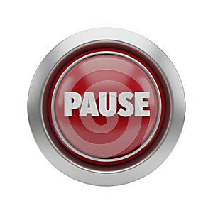 A close-up, isolated view of a circular, red pause button with a metallic silver bezel and the word