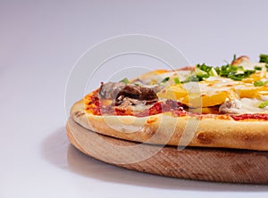 Close up Italian hot Pizza isolated on white background. Studio photo. Food concept