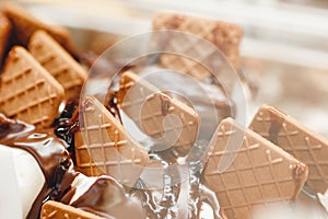 Close-up of Italian ice chocolate cream on counter refrigerator