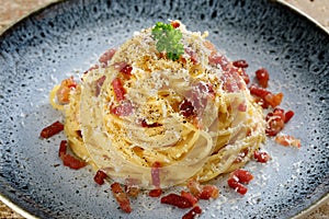 Close up Italian pasta carbonara with eggs cheese  and bacon photo