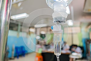 Close up IV saline solution drip for patient hospital