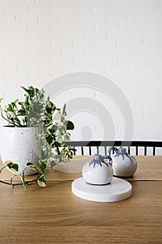 Close up of ivy pot plant and ornaments on a contemporary dining